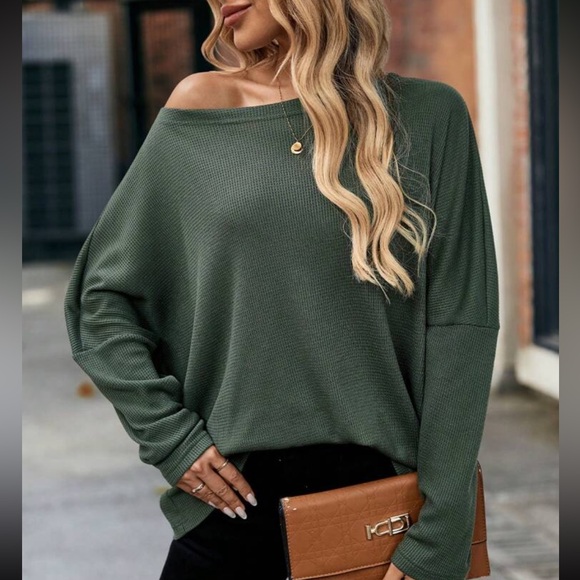 Solid Off Shoulder Loose Fit Waffle Long Sleeve Top - Picture 6 of 8